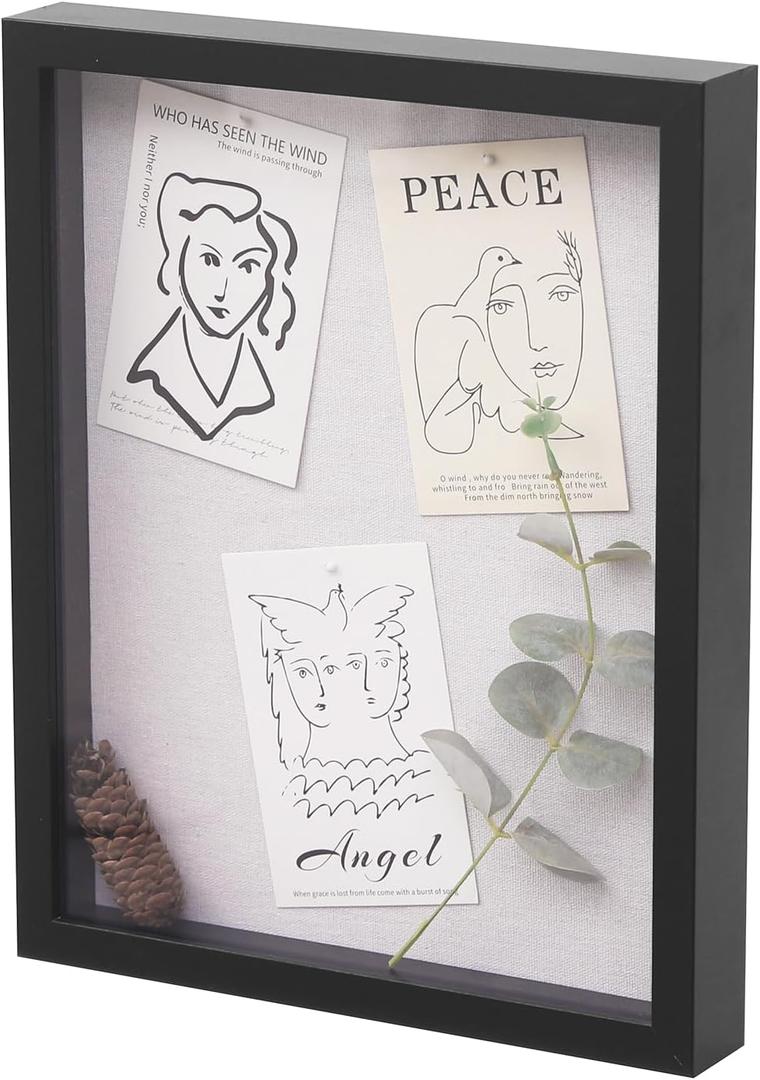 QDSSDECO 11x14 Shadow Box Frame with Linen Backboard & Real Glass, Wood Display Case, Deep Showcase to Hang The Photos, Tickets, Wedding Bouquets, Medals, Baby Sports Memorabilia,Black