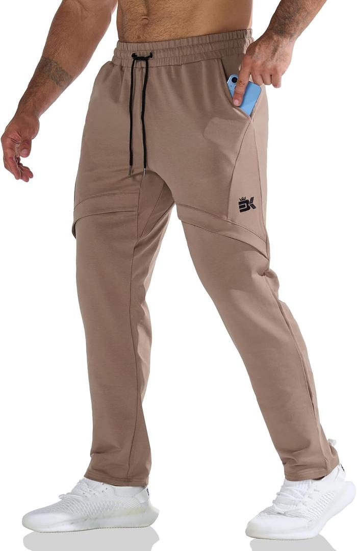 BROKIG Mens Inmesh Sweatpants Open Bottom, Cotton Athletic Workout Pants Drawstring Casual Gym Joggers with Pockets (XXL, Beige)