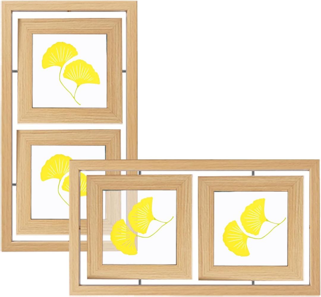 2 Pack Double 4x4 Rotating Floating Picture Frames, Natural Wood Floating Photo Frame Double-Sided Display with Crystal Glass for Tabletop, Desk or Shelf