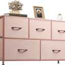 WLIVE Dresser for Bedroom with 5 Drawers, Wide Chest of Drawers, Fabric Dresser, Storage Organization Unit with Fabric Bins for Closet, Living Room, Hallway, Pink and Rose Gold (11.81"D x 39.37"W x 21.65"H)