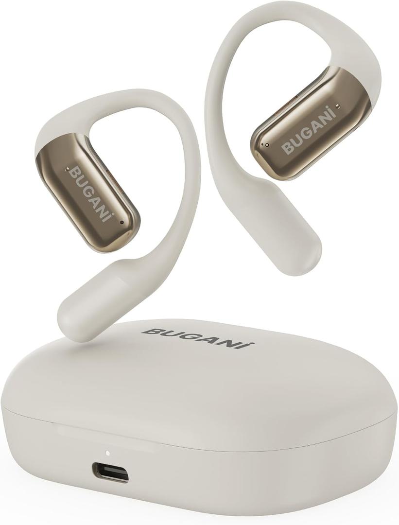 BUGANI Open Ear Headphones, Bluetooth 5.2 Open Ear Earbuds with Microphone, ENC Clear Talk, Immersive Stereo Sound, Fast Charging, 32H Playtime, Waterproof, White