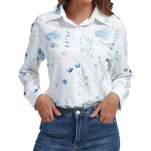 DAOAO Floral Blouses for Women Long Sleeve Tops Dressy Casual Button Down Ladies Collared Shirt Work Trendy Blue Flower S