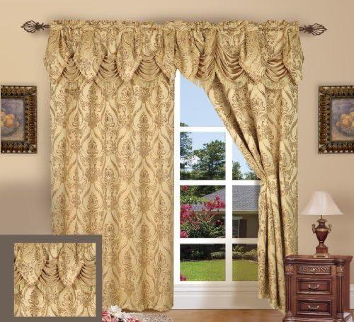 Elegance Linen Beautiful Design Jacquard Look Curtain Panels 54" X 84" +18 with Attached Austrian Valance, Gold
