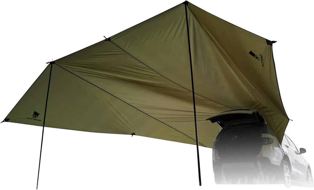 GEERTOP Large Car Awning Tarp for Camping Backpacking Tarp SUV Tailgate Truck Canopy Sun Shade Waterproof Outdoor Rear Vehicle Awning Shelter for Van, MPV, Campers (Lunar Green)