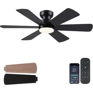 BayDay 46 inch Ceiling Fans with Lights, Black Ceiling Fan with Remote APP, Dual-Sided Modern/Rustic 6 Blades, Reversible, 3CCT, Flush Mount Low Profile Ceiling Fan with Lights Bedroom Kitchen Indoor