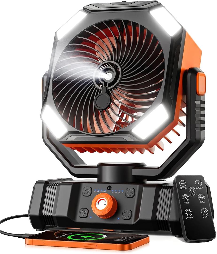 Portable Misting Fan with 20000mAh USB Rechargeable Battery, 250mL Water Tank & LED Lantern – Cooling Fan with Mister for Camping, Home, Tent, Beach, Picnic, Barbecue, Outdoor & Indoor Use