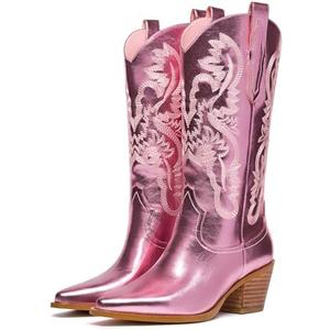 GOSERCE Pink Cowboy Boots for Women - Metallic Cowgirl Boots with Embroidery Sparkly Mid Calf Boots for Ladies Fahsion Classic Pull on Pointy Toe Chunky Stacked Heel 2.5" Pink, 5