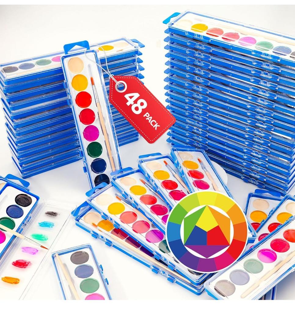 MuseLuxe 48 Pack Watercolor Paint Set for Kids - 8 Washable,Bright Colors with Paintbrush Watercolor Paint Bulk for Kids Party Favors,Classrooms Supplies,Art Lessons