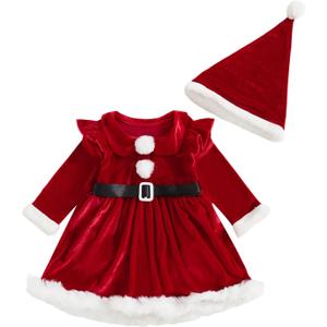 Thorn Tree Baby Girl Christmas Outfits Santa Dress Long Sleeve Velvet Romper Dress Warm Winter Outfit Newborn Infant Clothes (12-18 Months, Red)