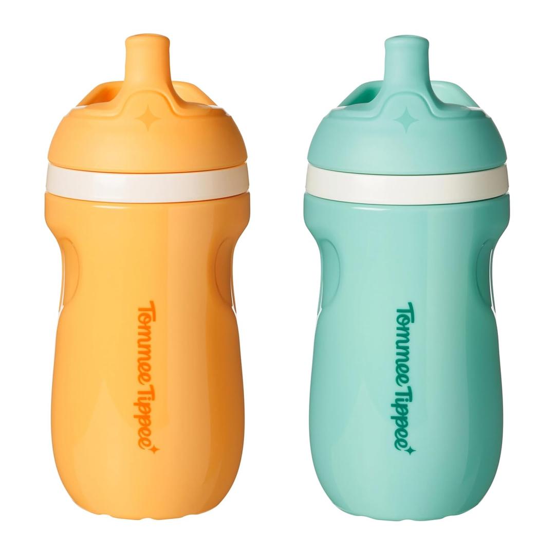 Tommee Tippee Insulated 9oz Sporty Spout Toddler Water Bottle, No Spill, Sippy Cups for Toddlers 13, TwoPiece Valve Helps Stop Spills, Light Blue & Orange, BPA Free, Pack of 2