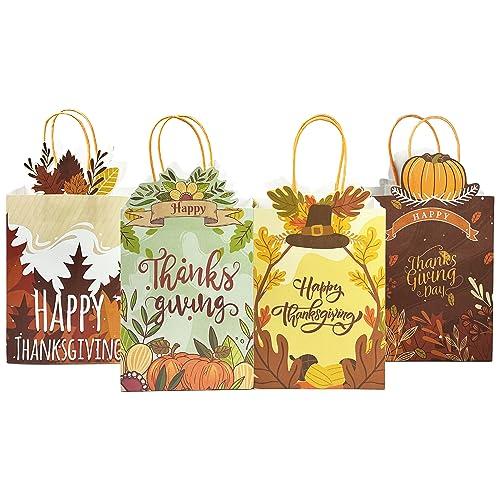 Fall Thanksgiving Paper Gift Bags with Handles Bulk Small Pumpkin Treat Bags Autumn Kraft Paper for Holiday Wedding Birthday Party Supplies (24PCS 6.1"×9.8"×3.1")