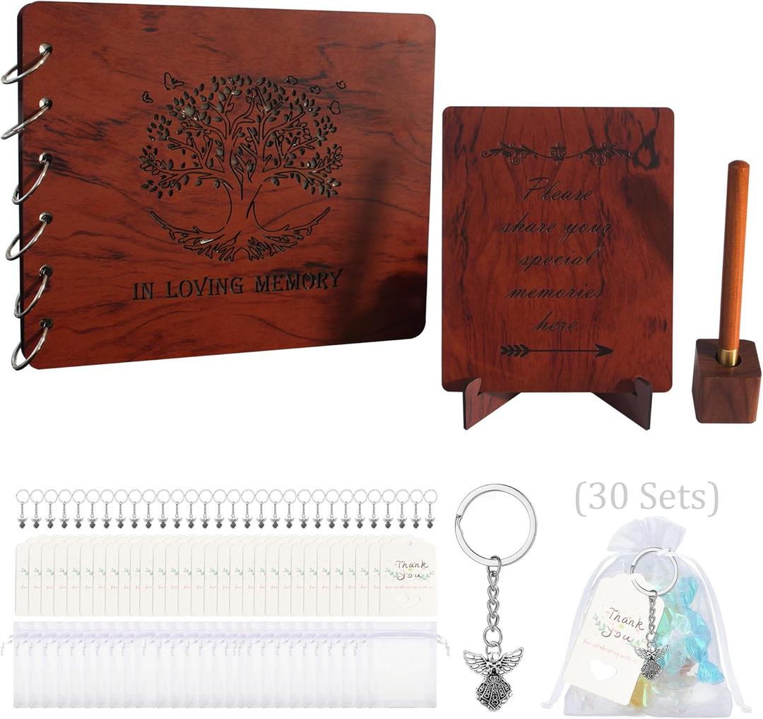 Funeral Guest Book Wooden Guest Books for Memorial Service Celebration of Life in Loving Memory Guest Sign Book Set -Included Table Sign,Pen, Angel Keychain and Thank You Card