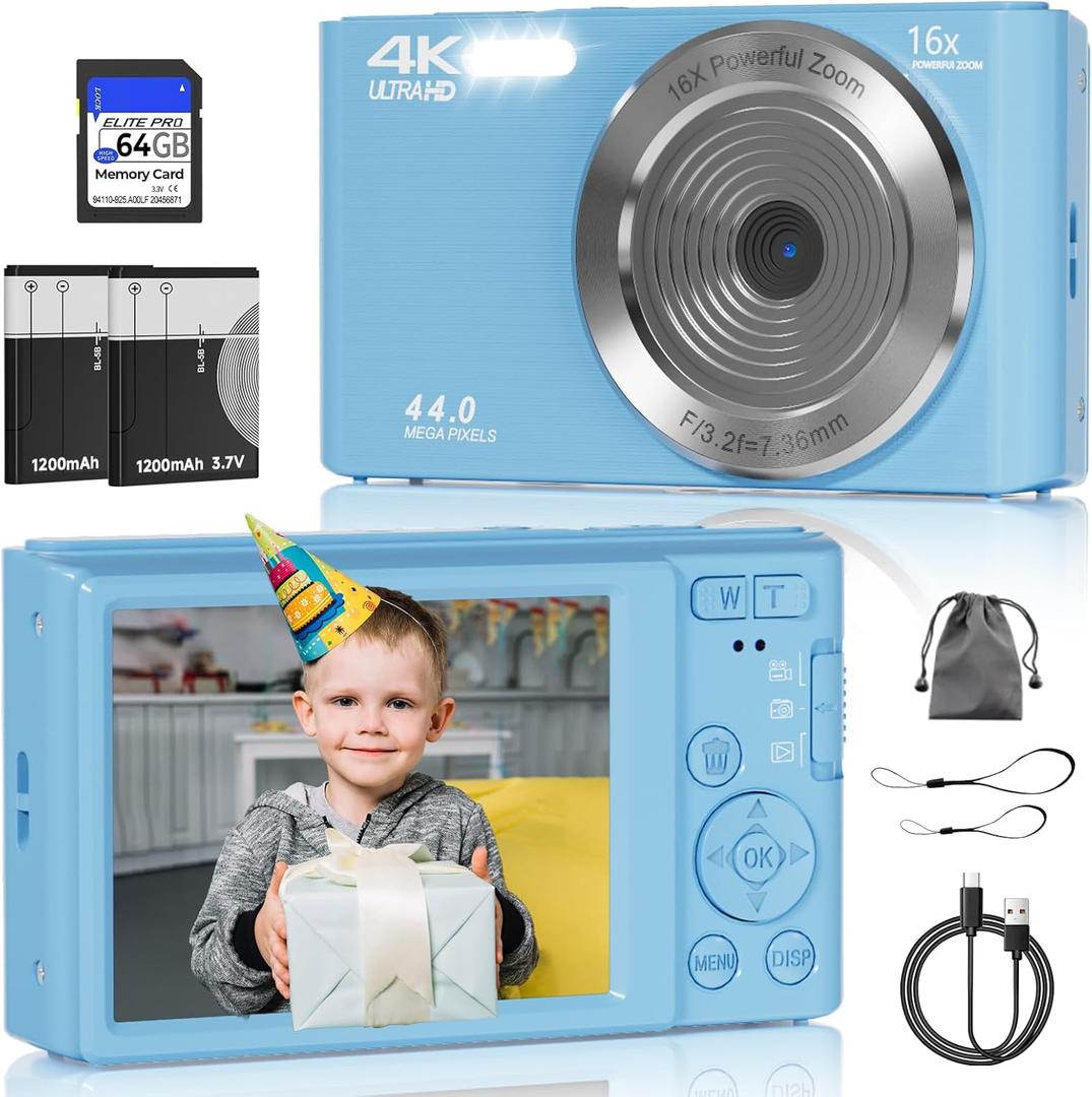 Digital Camera, FHD 4K Digital Camera with 64GB SD Card, 44MP Digital Point and Shoot Camera, 16X Digital Zoom, Anti Shake, 3-LED Fill Lights, Compact Camera for Kids Teen Boys Girls, Blue
