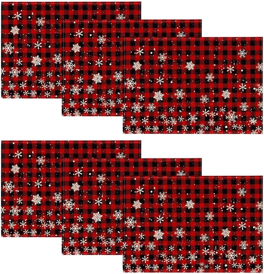 Artoid Mode Red and Black Buffalo Plaid Christmas Placemats for Dining Table, 12 x 18 Inch Seasonal Winter Xmas Snowflakes Holiday Rustic Vintage Thanksgiving Washable Table Mats Set of 6