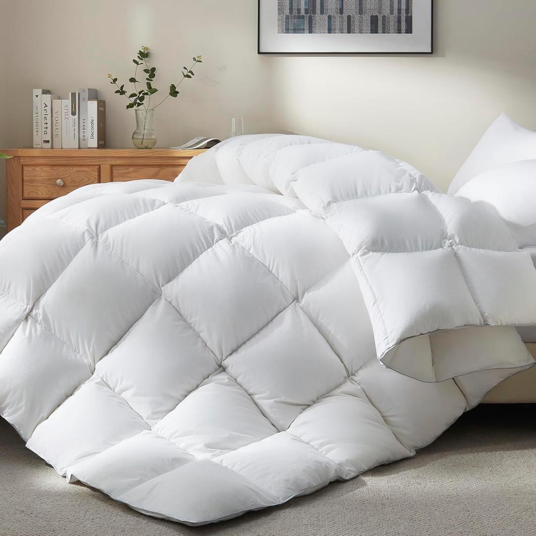 Ubauba Goose Feather Down Fiber Comforter Queen Size - All Season White Fluffy Duvet Insert - 750+ Fill Power Luxurious Hotel Bedding Comforter - Soft 100% Cotton Cover, Medium Warmth (90x90 Inch)