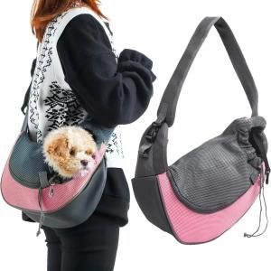 Pet Dog Sling Carrier Puppy Pet Slings Bag for Small Dogs Cats Satchel Carriers Breathable Mesh Hand Free with Adjustable Strap Doggie Crossbody for Outdoor Travel (Pink, Large 5-12 lbs)