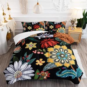 3 Pieces Colorful Floral Comforter Set,Bohemian Botanical Bedding Set King Size,All Season Lightweight Soft Microfiber Bedding with 2 Pillow Shams (Farmhouse Boho Floral)