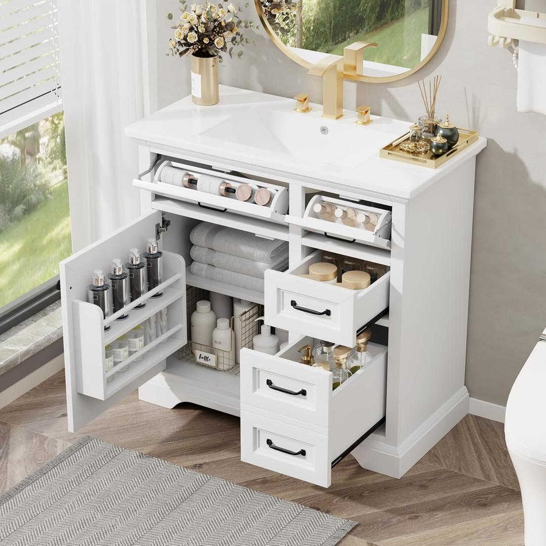 36" Bathroom Vanities Cabinet with Ceramic Sink Set Combo, Tip-Out Drawers, Storage Organizer Door Shelf, Soft-Closing Door, White