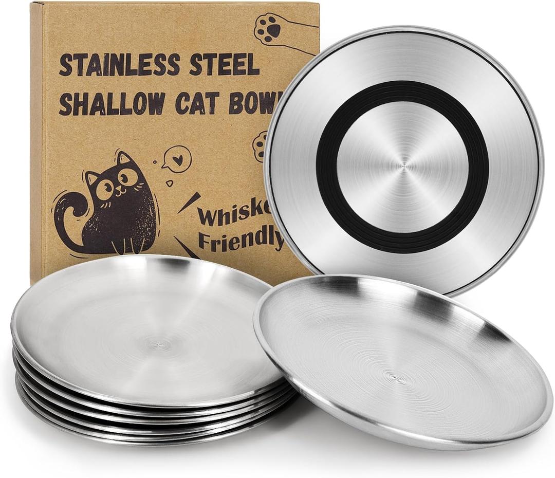 Supet Cat Plates for Wet Food, Non Slip Food Bowls Whisker Friendly, Stainless Steel Shallow Wide Dishes for Indoor Cats (13Oz, 8Pcs) (Black)