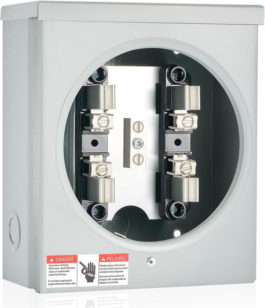 100a, 4 Jaw Meter Base Meter Socket, 8.7 x 7.5 x 3.2 Inch, 600v 1 Phase 3 Wire Ringless Type, with Horn Bypass, Suitable for Overhead/Underground Feed