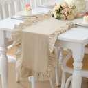 Natural Ruffled Table Runner 72 Inches Long Rustic Cotton Tabletop Farmhouse Decor for Baby Shower Bride Shower Birthday Party Holiday Wedding (Solid Color)