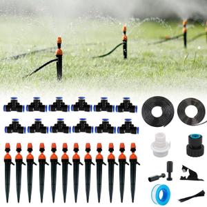 New drip Irrigation kit, Automatic Garden Watering System, Quick Connector and 360-degree Bending Dropper atomizing Copper Nozzle, Garden Plant Lawn Courtyard Watering System. (emitters with Piles)