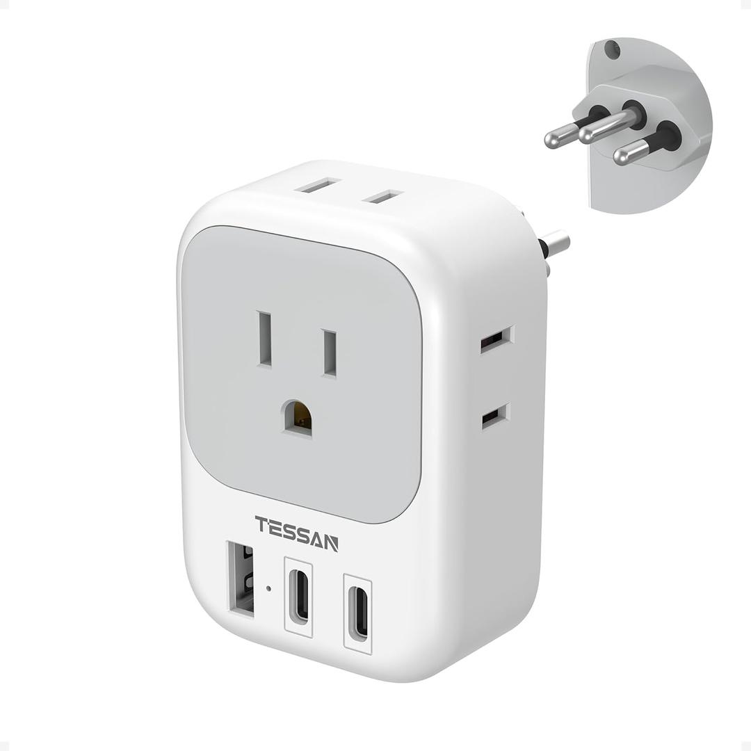 TESSAN Brazil Power Adapter, 7 in 1 US to Brazil Adapter Plug with 3 USB Ports (2 USB C) 4 American Outlets, Type N Travel Adaptor for USA to Brazilian Brasil