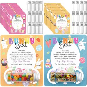 Qinyoung 24 Set Easter Candy Bottle Craft Kit DIY Bunny Bait Set with Cards Glass Bottles OPP Self-Adhesive Bag for Easter Basket Stuffers Egg Hunt Fillers Party Supplies Exchange Gifts Bulk
