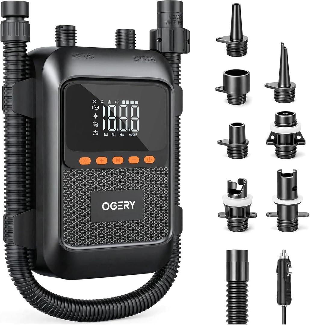 OGERY Paddle Board Electric Pump, 3X Faster Inflation & Deflation, Dual Power SUP Pump with Smart Auto-Off, Up to 20 PSI, Digital Pressure Display, 7 Nozzles for SUP Kayaks Tents Air Mattresses Boats