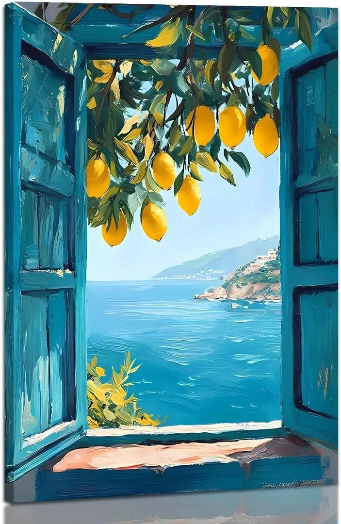 Framed Open Window Beach Canvas Wall Art Coastal Wall Decor Picture Coastal Lemon Tree Canvas Prints Painting Artwork Fake Window Wall Art Horizontal Nature Landscape Seaside Summer Print for Home Decoration (E, 8x12inch(20x30cm), Framed)