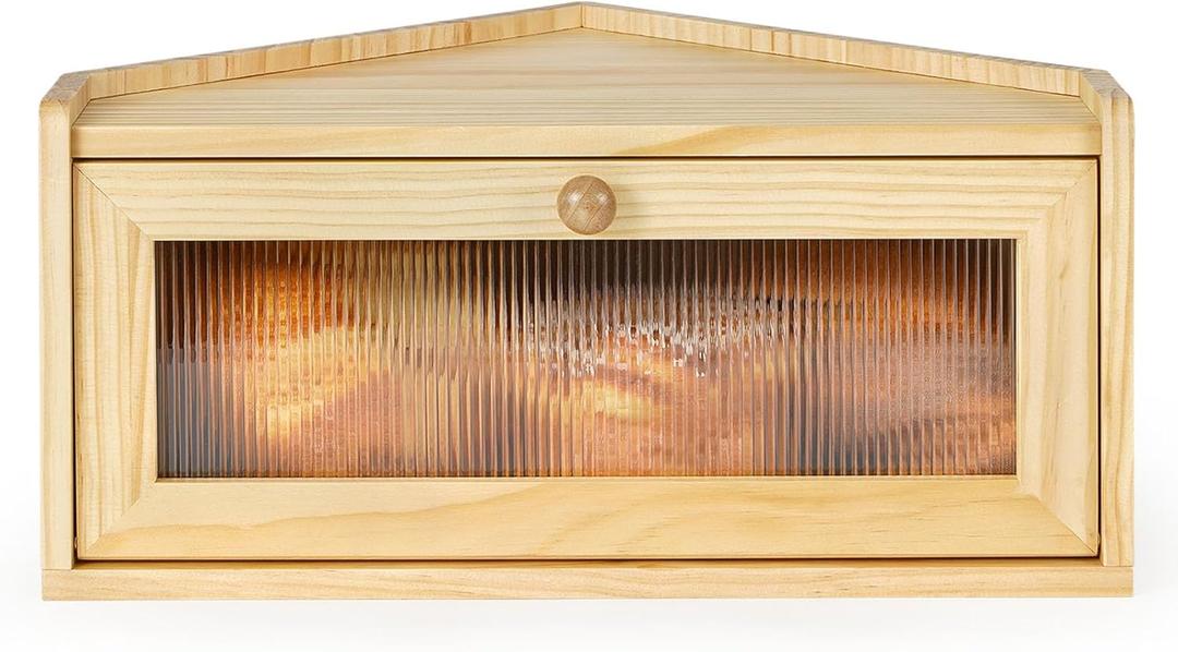 Sunhoo Bread Box for Kitchen Countertop Wooden Corner Breadbox Counter Food Storage Bin Container Farmhouse Rustic Homemade Bread Fresh Keeper Organizer Holder Vintage Stackable with Window (Yellow)