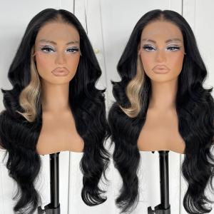 Skunk Stripe Wig Glueless Lace Front Wigs Pre Plucked Synthetic Body Wave Black And Blonde Wig Wear And Go Lace Front Wig For Women (13x4.5x1 T Part)