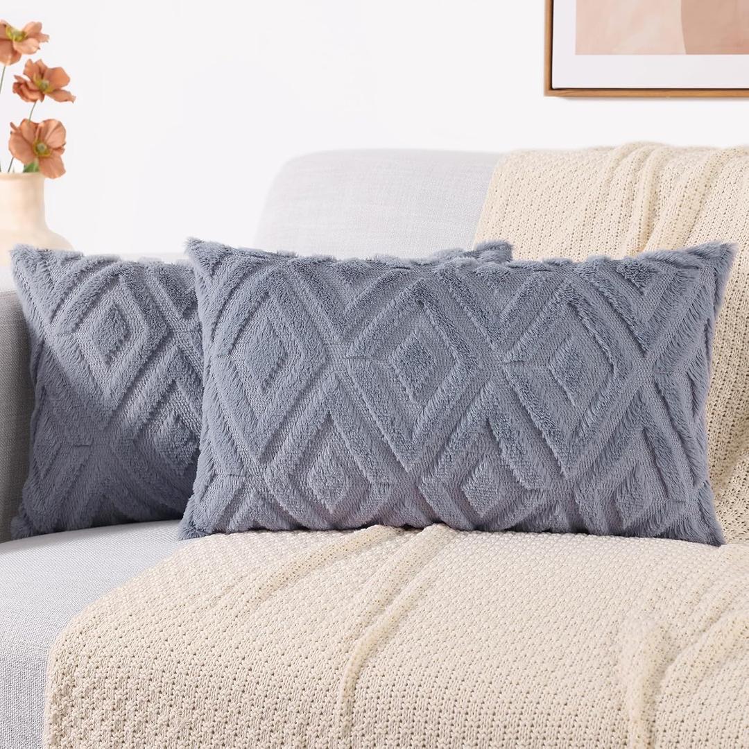 decorUhome Couch Throw Pillow Covers 12x20 Set of 2, Decorative Soft Plush Faux Wool Lumbar Neutral Accent Pillow Covers for Bed Sofa Living Room, Blue Grey