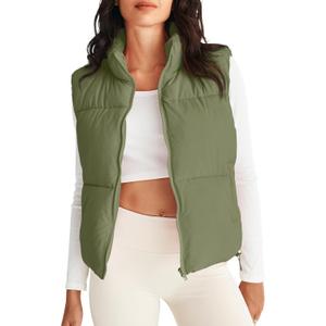 MEROKEETY Puffer Vest Women 2025 Fall Winter Sleeveless Jackets Lightweight Warm Stand Collar Quilted Zip Up Coat (Green, L)
