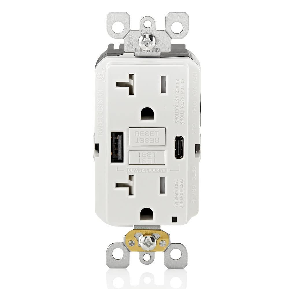 Leviton 20A SmartlockPro Self-Test GFCI Combination with Type A & Type-C USB in-Wall, USB Charger for Smartphones and Tablets, GUAC2-W