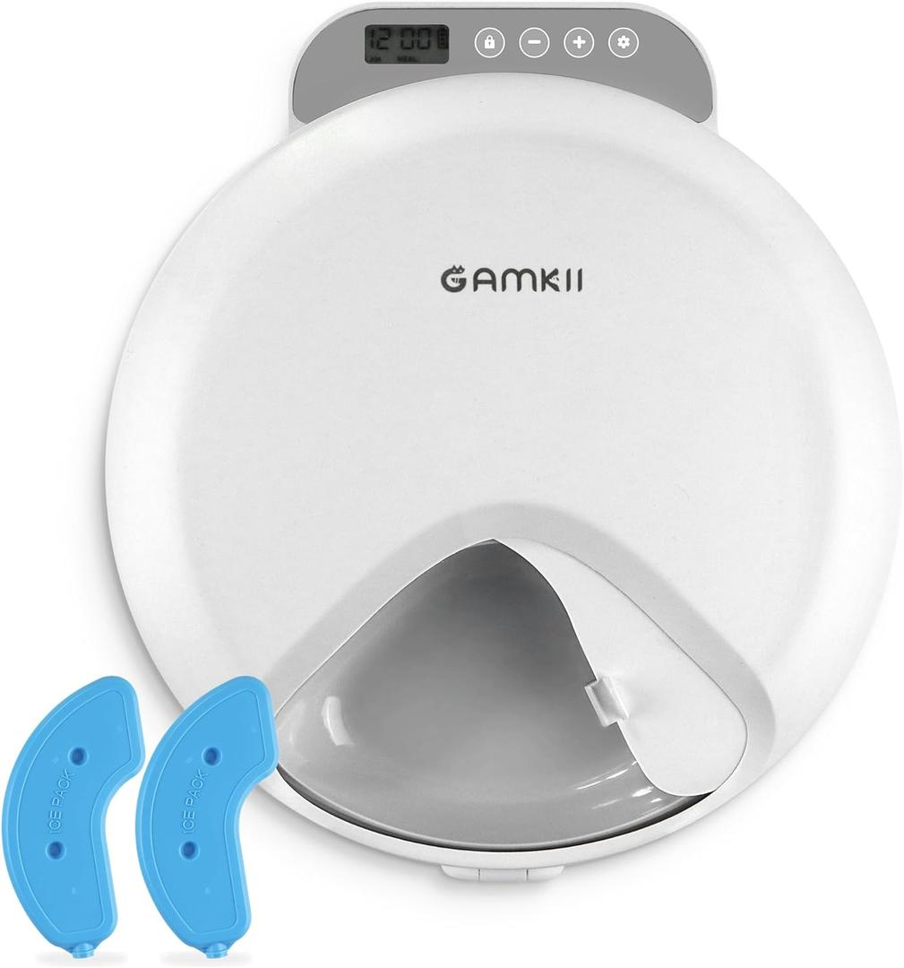 QXQIN Automatic Cat Feeder Wet Food, 4 Meals Cordless Auto Refrigerated Pet Feeder with 2 Ice Packs & Meal Cover, Programmable Timer & 4PCS AA Batteries Included for Cats Small Dogs-ABS Food Tray