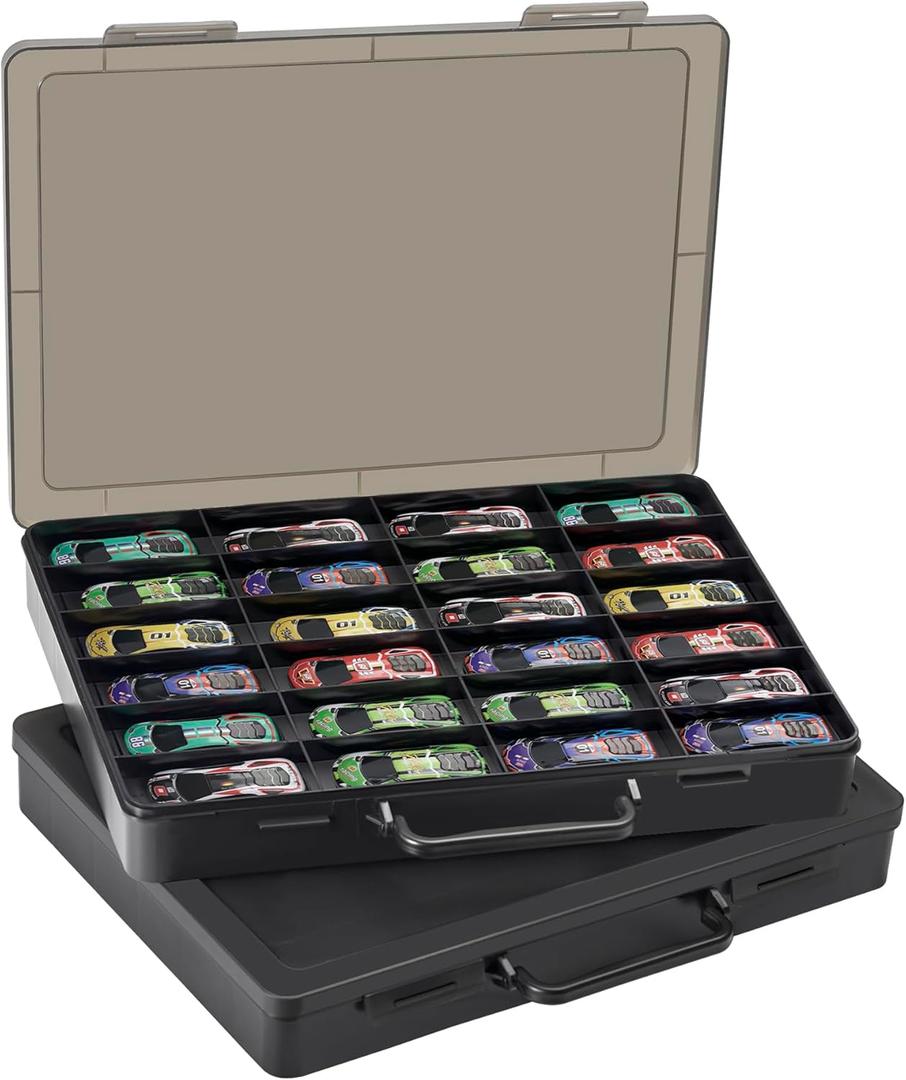 Brappo Toy Organizer Case Compatible with Hot Wheels Cars, Matchbox Cars, Mini Toys, Small Dolls etc, Hard Portable Toy Storage Display Box with 24 compartments, 2 Pack.(Case only) (2 Black)