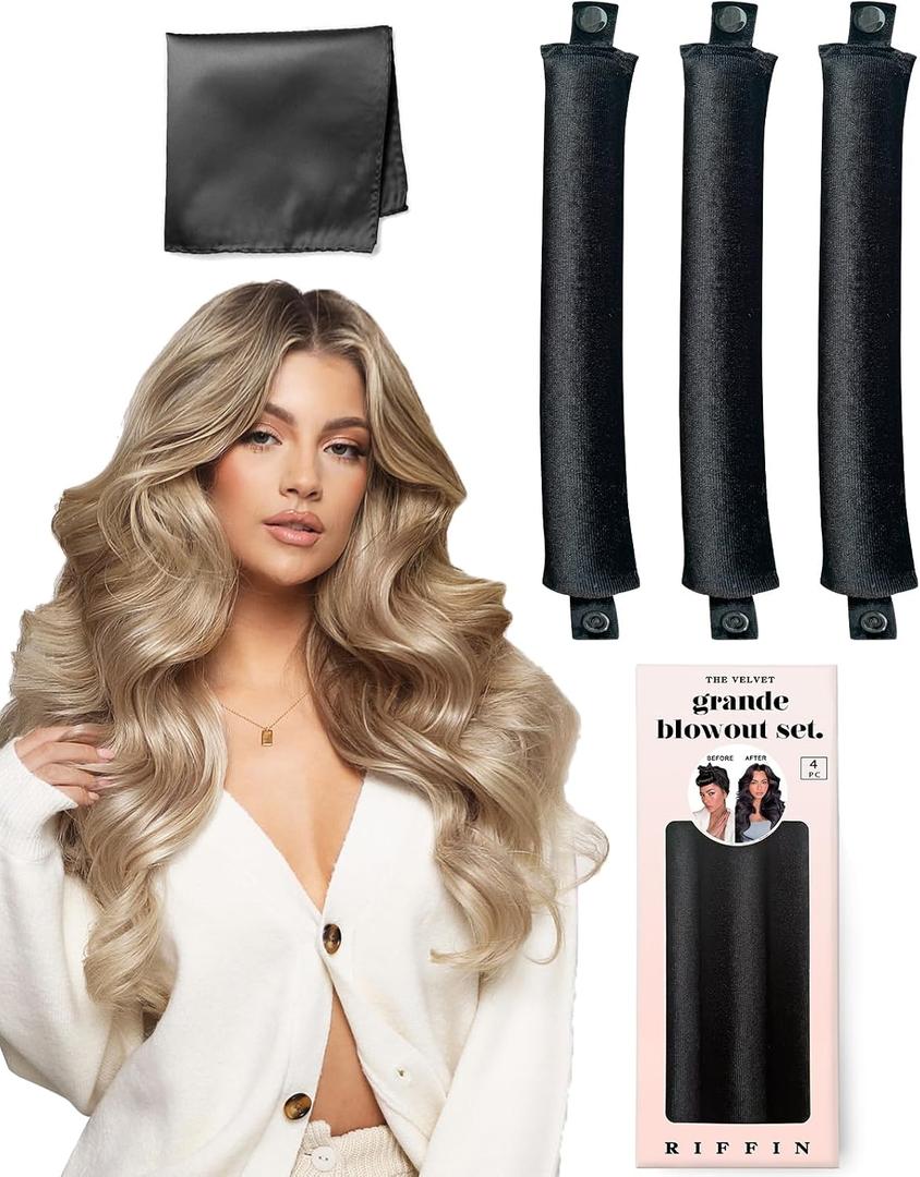 Grande Heatless Curls Overnight Rods - Upgraded Directional Grip Velvet - No Heat Hair Curlers to Sleep, Jumbo Large Hair Rollers Flexible Curling Rods Set for Long Thicker Coarser Hair Blowout Look