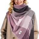 Women's Winter Plaid Scarf Warm Thick Long Shawl Soft Knit Perfect Cold Weather Gift (Purple,grey,pink)