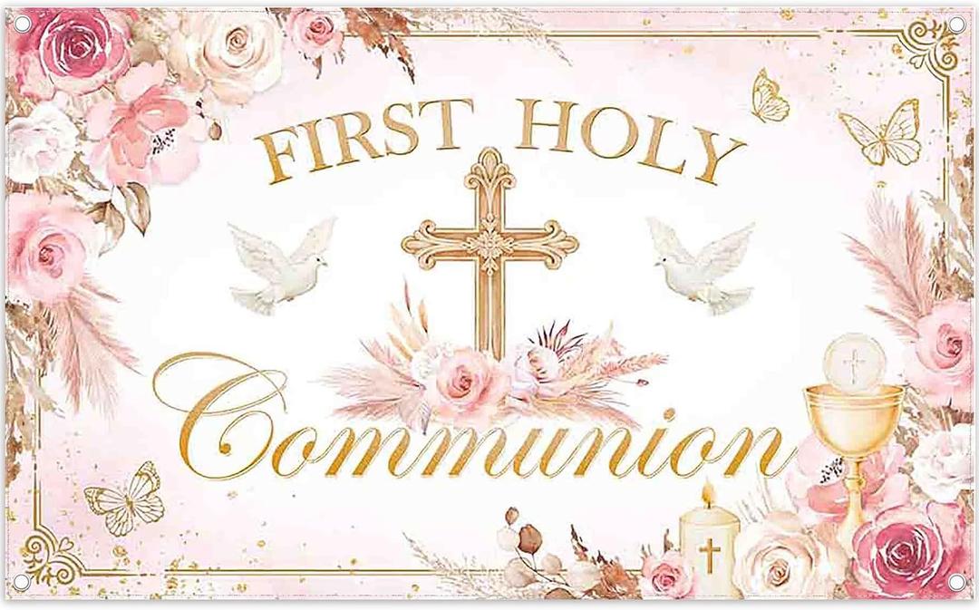 72x43inch Pink First Holy Communion Backdrop Cross Eucharist Flower Photography Background Newborn Christening Party Baby Shower Decorations Photo Banner Props