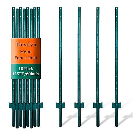 Thealyn 4.8ft Fence Posts, Pack of 10 - Sturdy Metal U-Posts & Step-in Stakes, No Digging Poles for Garden Wire Fencing and Yard Signs (Fits 4-ft Fence Mesh)