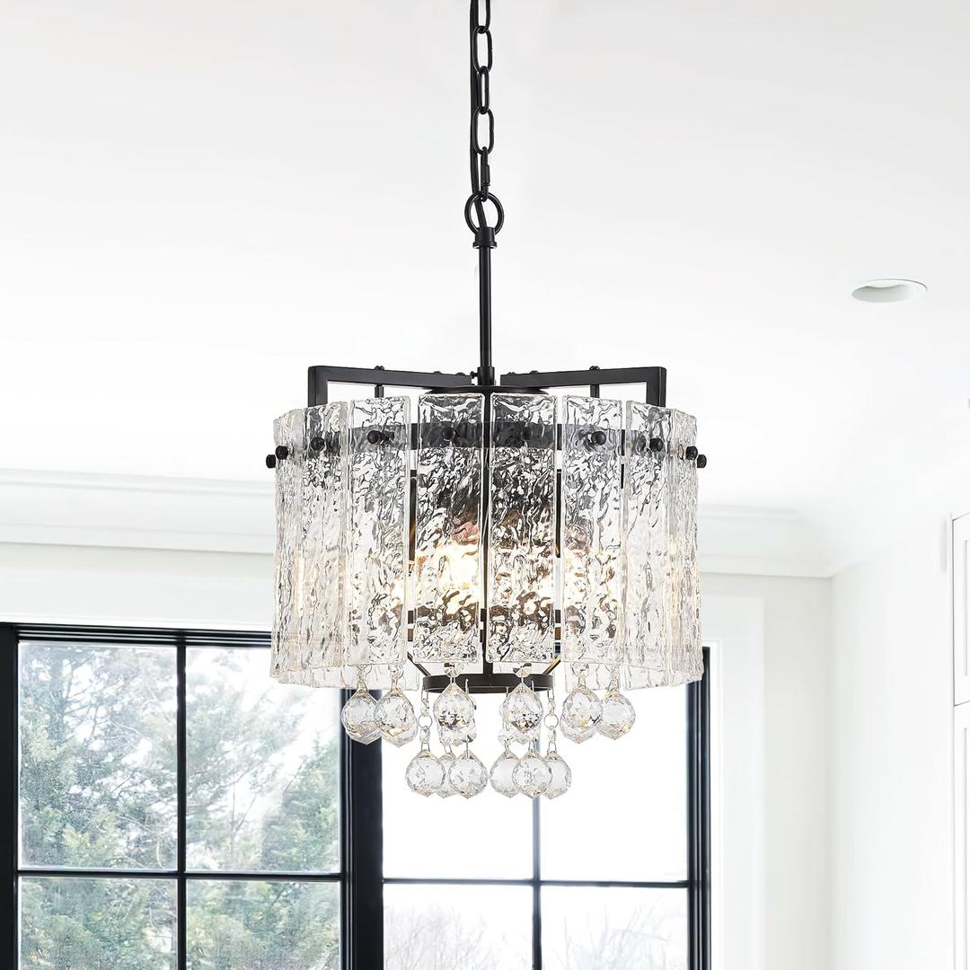 13.4" Small 4-Light Modern Glass Chandelier Light Fixtures Mini Black 2-Tier Crystal Chandeliers for Dining Room Round Hanging Ceiling Pendant Lighting for Kitchen Island Entryway Hallway