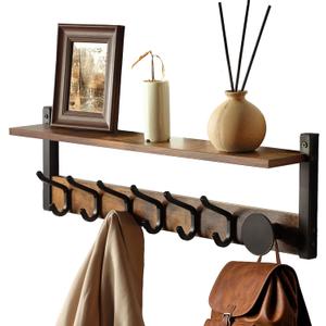 YIGII Coat Rack with Wall Mount, 24 Inch Long Entryway Wall Shelf with Hooks, Wood Hanger with Storage Shelf for Bathroom, Hallway, Rustic Brown Black