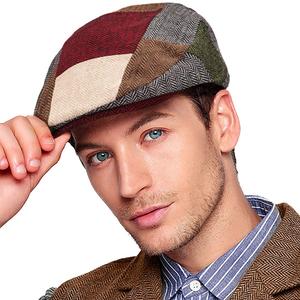 Herringbone Flat Ivy Newsboy Cap for Men Classic Wool Blend Tweed Cabbie Hat (Large-X-Large, Patchwork 02 With Red Brim)