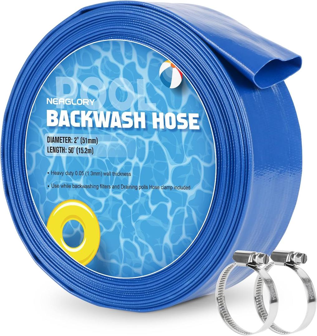 2" x 50 FT Pool Backwash Hose, Heavy Duty Flat Sump Pump Hose, Reinforced Discharge Hose with Clamp, Weather and Burst Resistant, Drain Clean Swimming Pools and Filters for Inground Pools