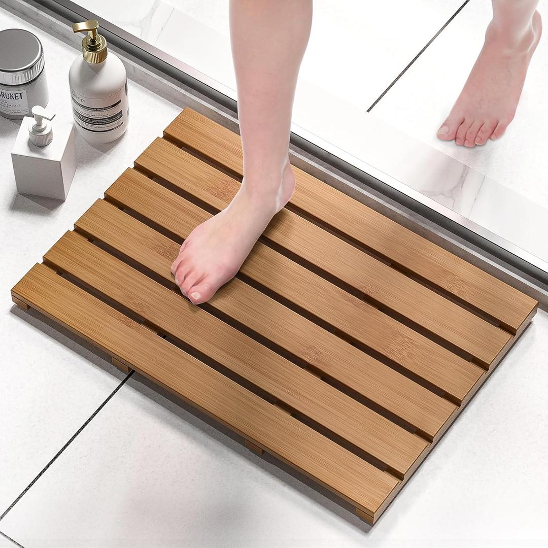 Domax Wooden Bamboo Bath Shower Mat- Non-Slip Waterproof Large Bathroom Floor Mat for Indoor Outdoor (Walnut, 21.26 x 14.17 x 1.3 Inches)