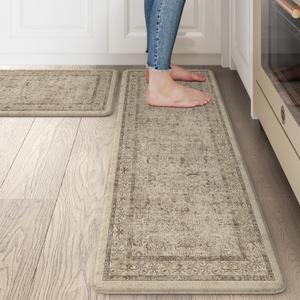 LEEVAN Kitchen Mats for Floor Non-Slip - 2 Piece, Tan Cushioned Anti-Fatigue Mat with Memory Foam - Waterproof, Ergonomic Standing Mat for Bar, Office, Desk, Laundry (17.3"x29"+17.3"x47"-0.47inch)