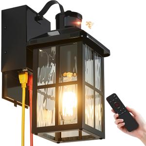 Porch Light with GFCI Outlet with Remote, Dusk to Dawn Outdoor Lighting with Outlet, Upgraded 4 Lighting Modes Motion Sensor Outdoor Lights, Waterproof Outside Lights for House Patio Garage Front Door (1-Pack, Black)