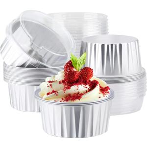 EUSOAR Disposable Creme Brulee Ramekins, Silver 25Pcs 5oz Baking Cups with Lids Mini Muffin Liners, Dessert Cheesecake Pan Oven Safe Cupcake Containers for Catering Gathering Wedding Party