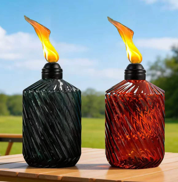 2 Pack Glass Table top Torches, 14 oz Citronella Torches for Outside (Burn Time: 10 Hours) with Wicks & Covers, Decorative Outdoor Torches for Patio, Garden, Yard & Party, Black and Red